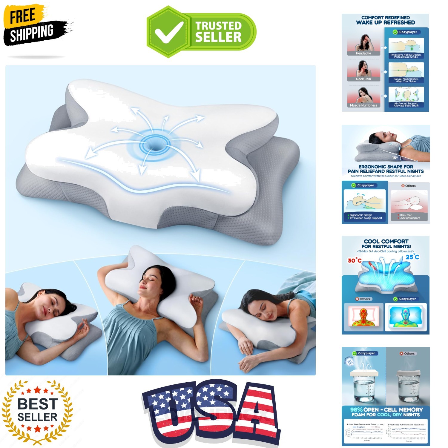Effective Pain Relief Cervical Neck Pillow for Sleeping, Ergonomic Cooling Si...