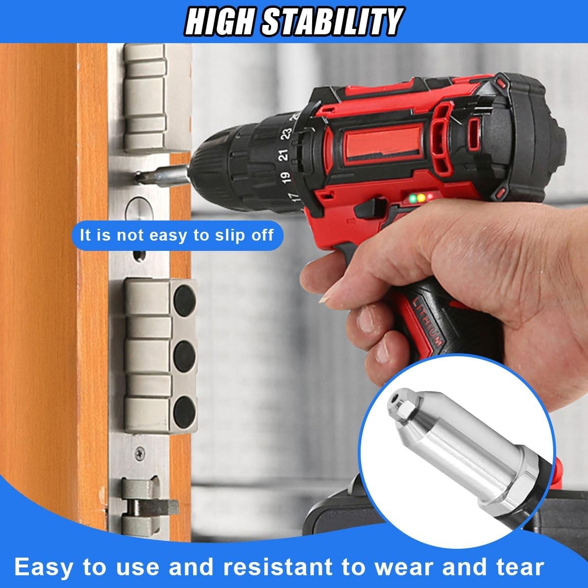 Pop Rivet Gun Adapter Kit Drill Attachment w 4 Rivet Heads 2.4–4.8mm