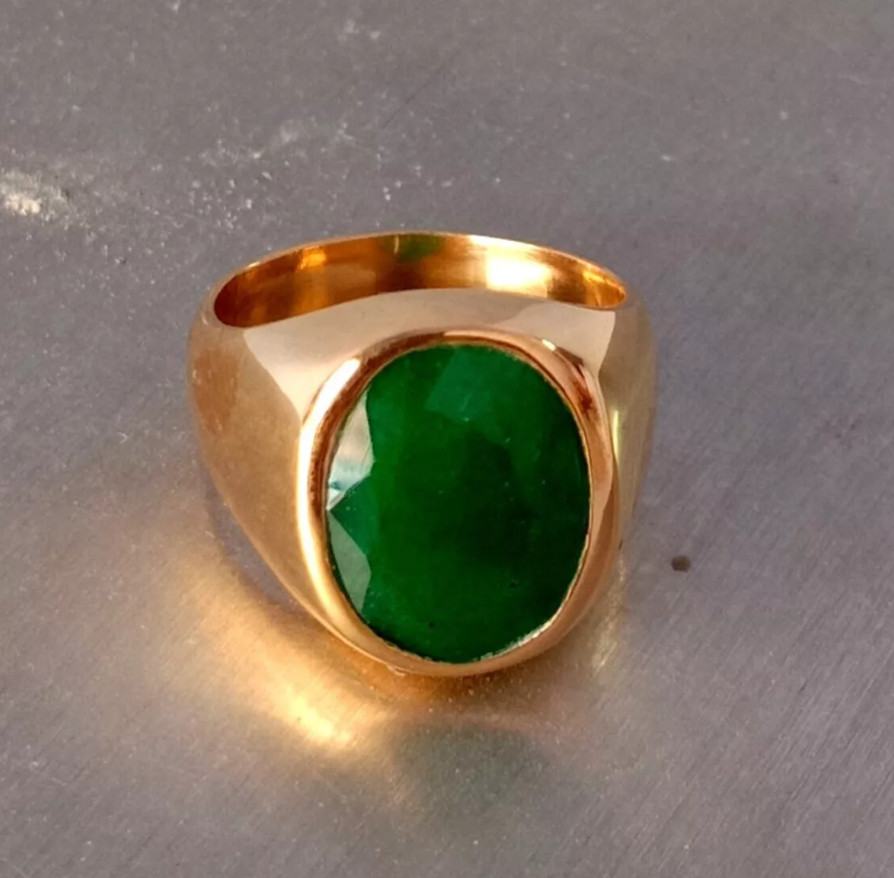 Solid 925 Silver Real Emerald Ring Rose Gold Men's Signet Ring Birthday Gift