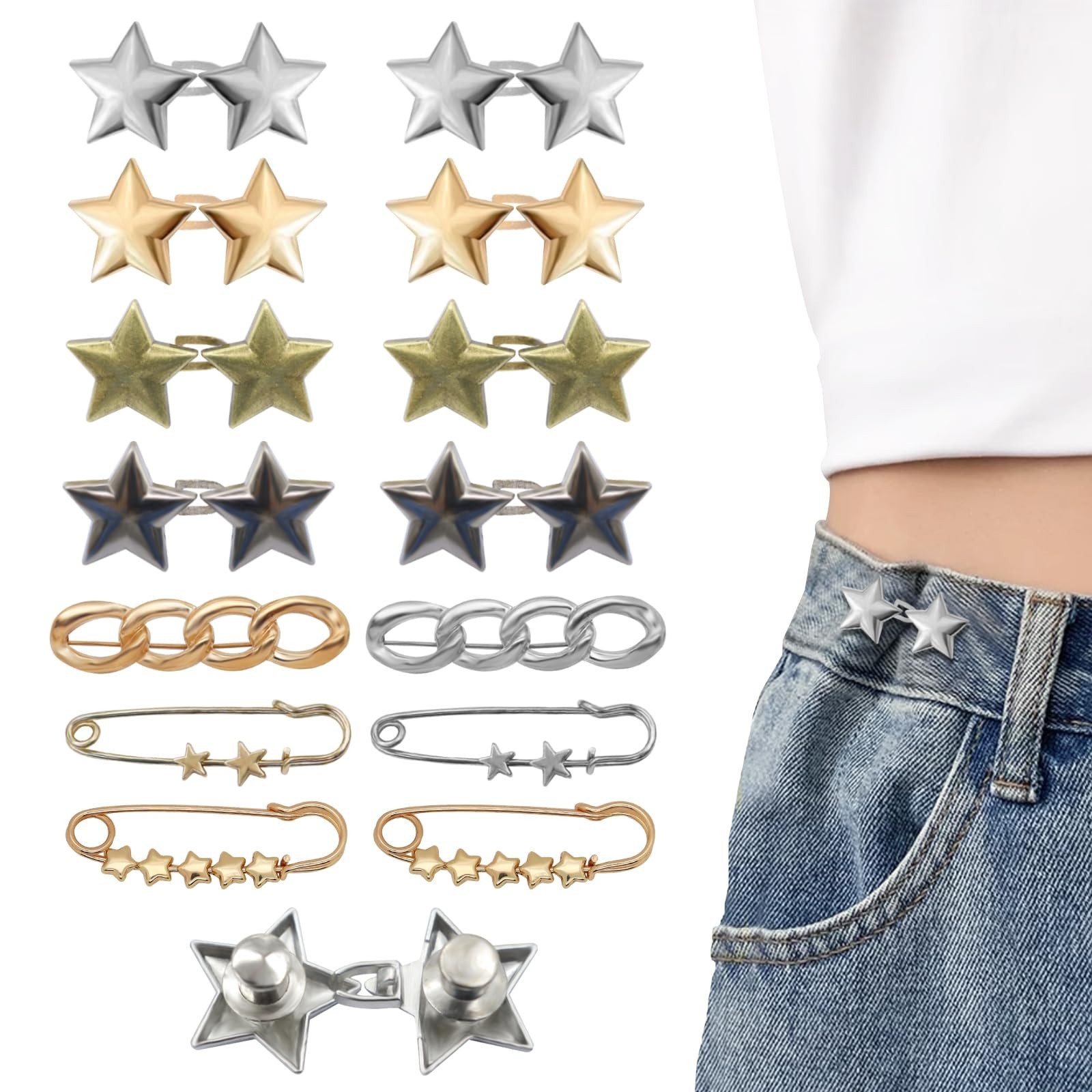 14 Set Pant Waist Tightener Star Buttons Pins for Loose Jeans Reusable Waist ...