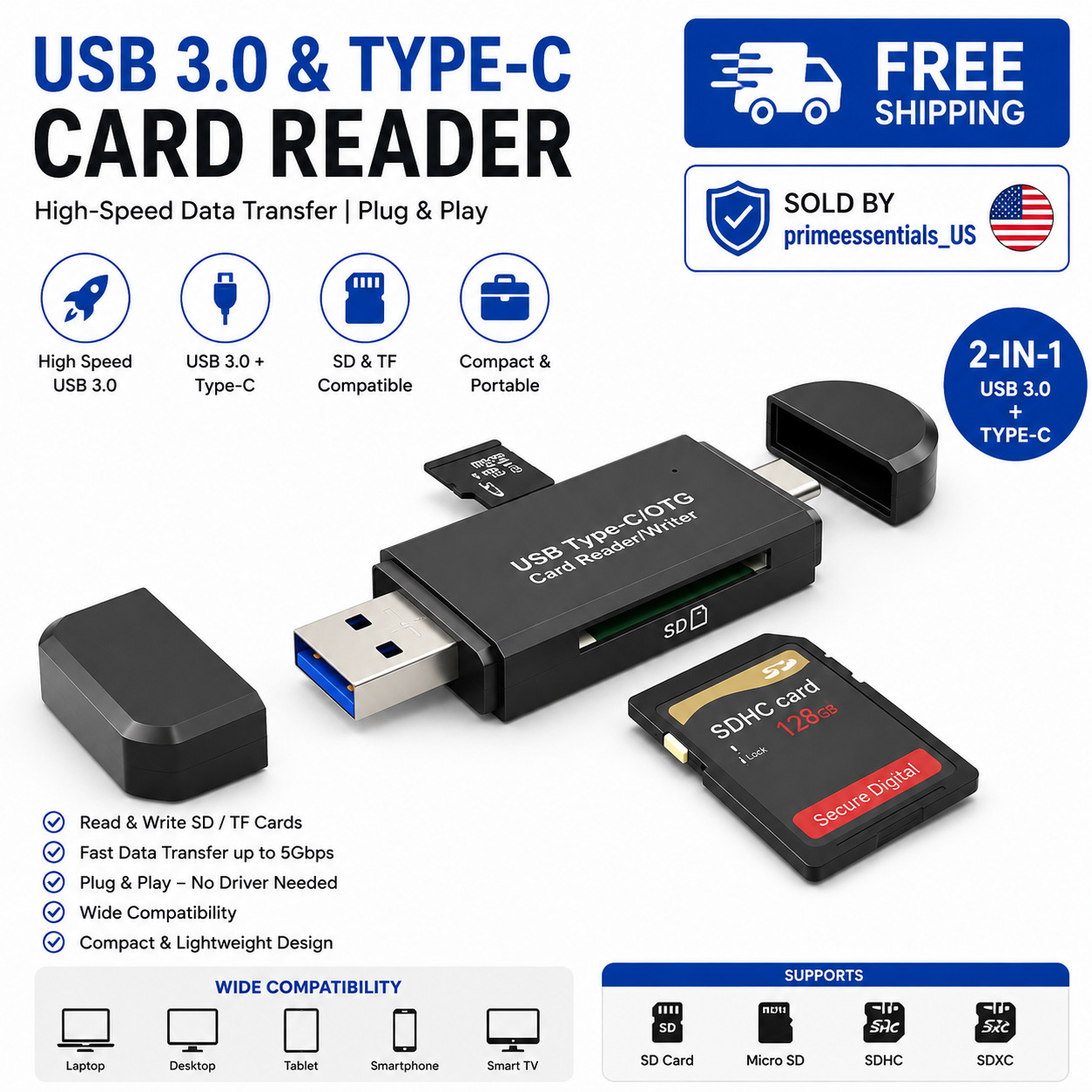 USB 3.0 Type C OTG Card Reader Micro SD TF Memory Adapter for Laptop PC Mac