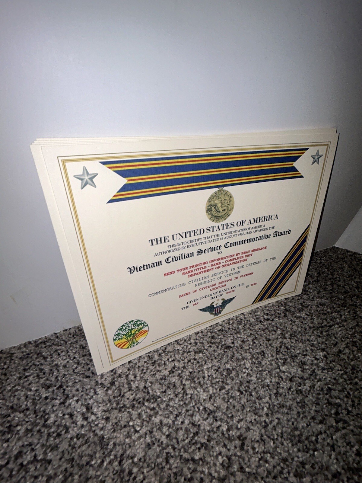 VIETNAM CIVILIAN SERVICE AWARD COMMEMORATIVE CERTIFICATE ~ W/PRINTING TYPE-1