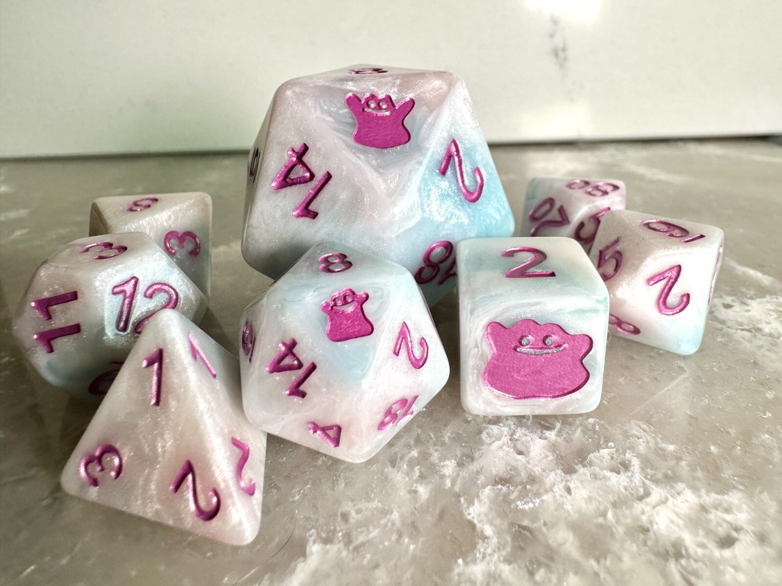 Pokemon Ditto Inspired 8 Dice D&D Polyset D6 D20 35mm GXEXV DnD Polyhedral PINK