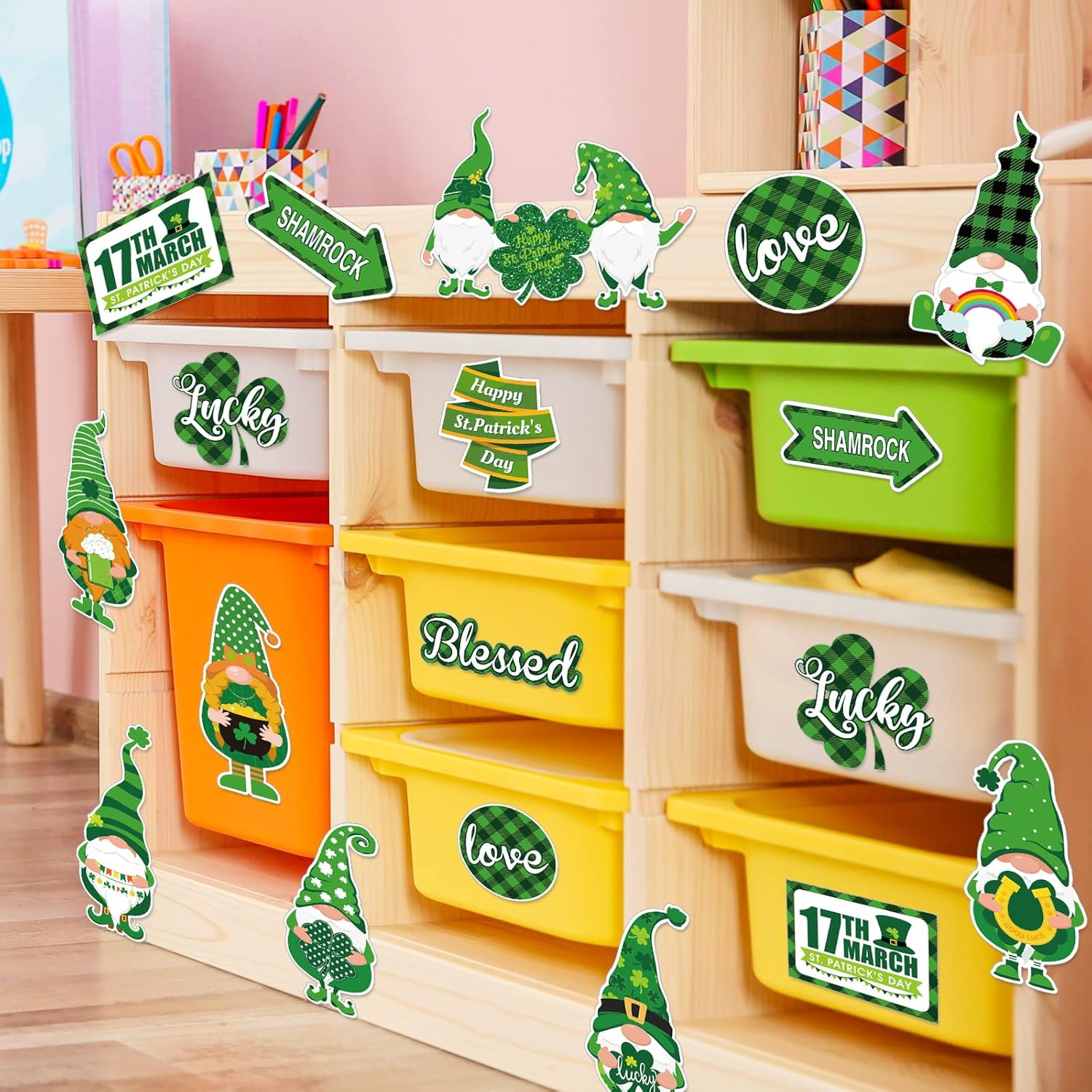 St. Patrick's Day Gnome & Shamrock Cutouts for Classroom & Party Decor, 42 Pcs