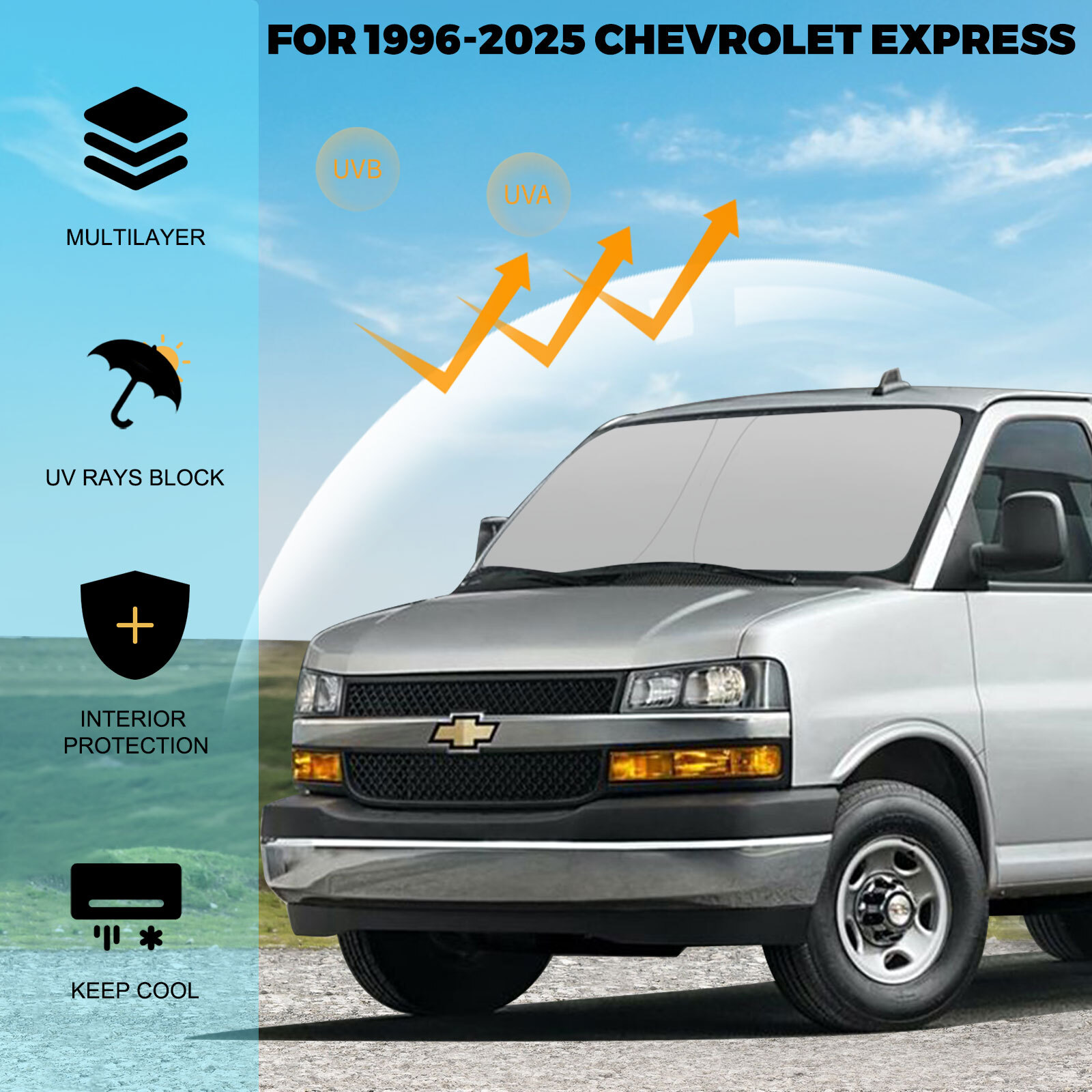 For 1996-2025 Chevy Express 3500 Car Windshield Sun Shade UV Ray Block Sun Visor