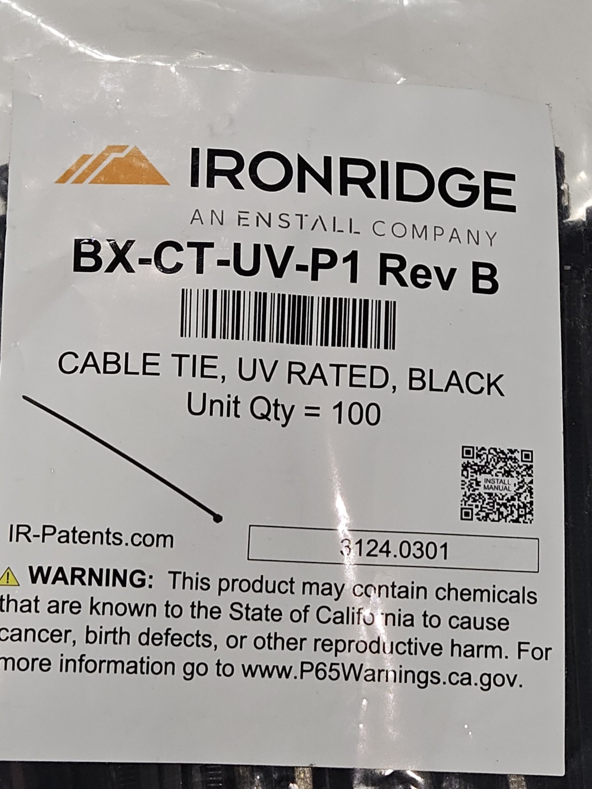 Ironridge BX-CT-UV-P1 Rev B Cable Tie UV Rated Black Qty 100 12" Ties