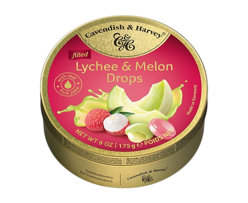 Hard Candy Drops Lychee & Melon Filled 175g 6 Ounce Tin