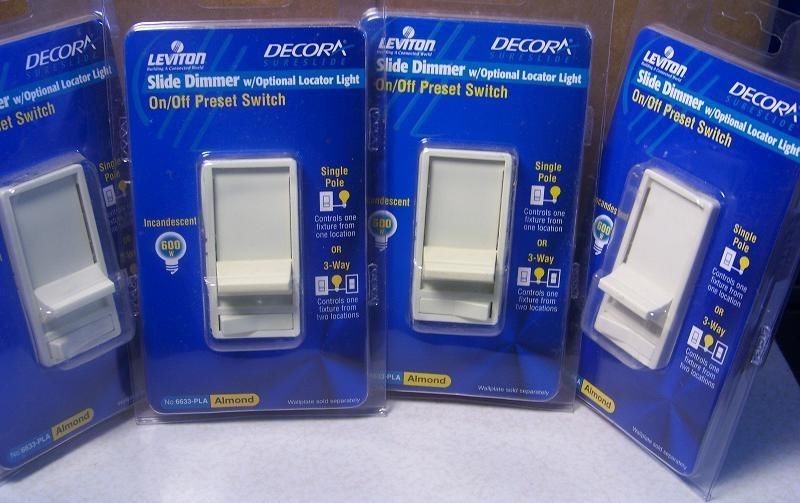 Lot of 4 Decora Single Pole or 3 Way Slide Light Dimmers LIGHTED Almond 6633-PLA