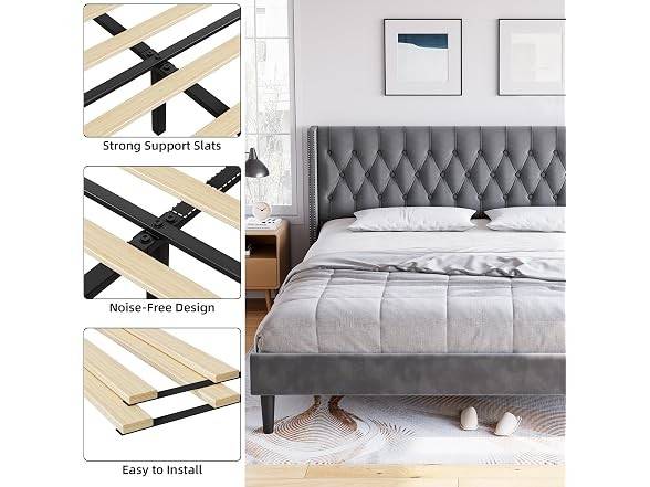 GAOMON King Bed Frame, Tufted Wingback, Gray Grey Modern