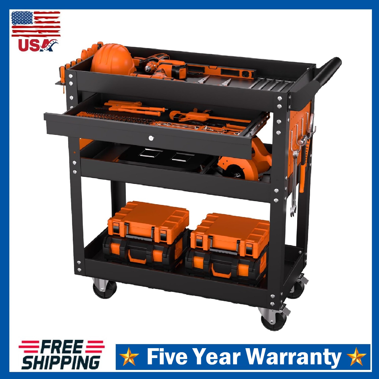 4-Tier Rolling Tool Cart On Wheels, Heavy Duty Garage Utility Cart with Drawer