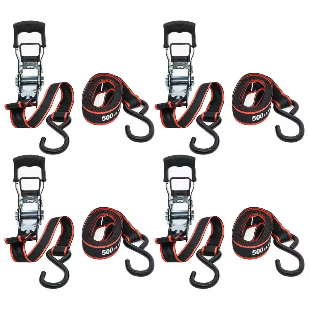 RATCHET TIE-DOWN STRAPS 4-PACK 12 Ft. X 1 in Quick Release Hook 1500 Lbs. Work