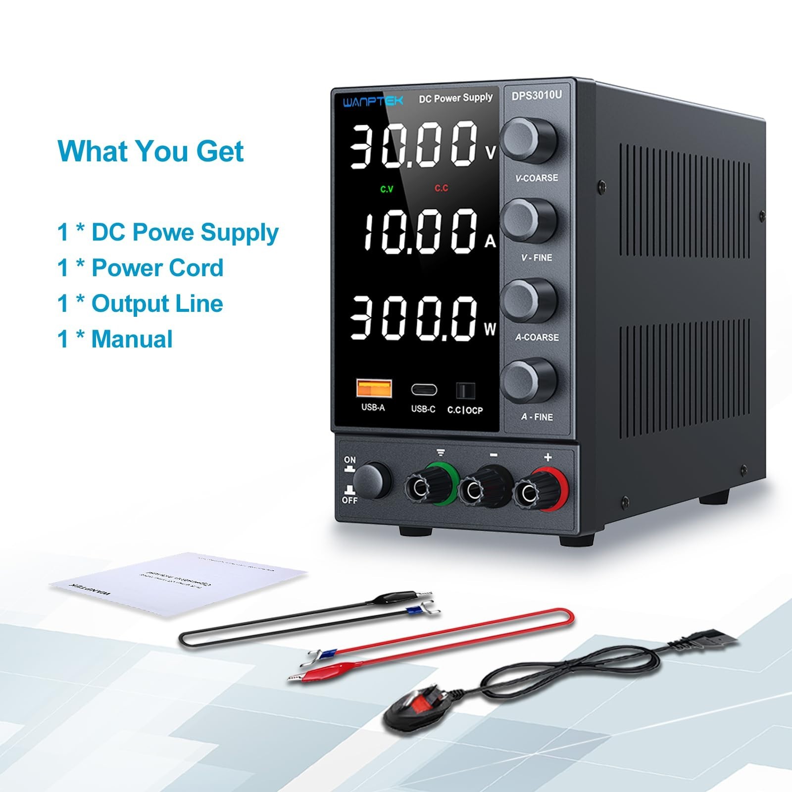Adjustable 0-30V 10A Variable Power Supply, Switching Bench PSU, USB Type-C Quic