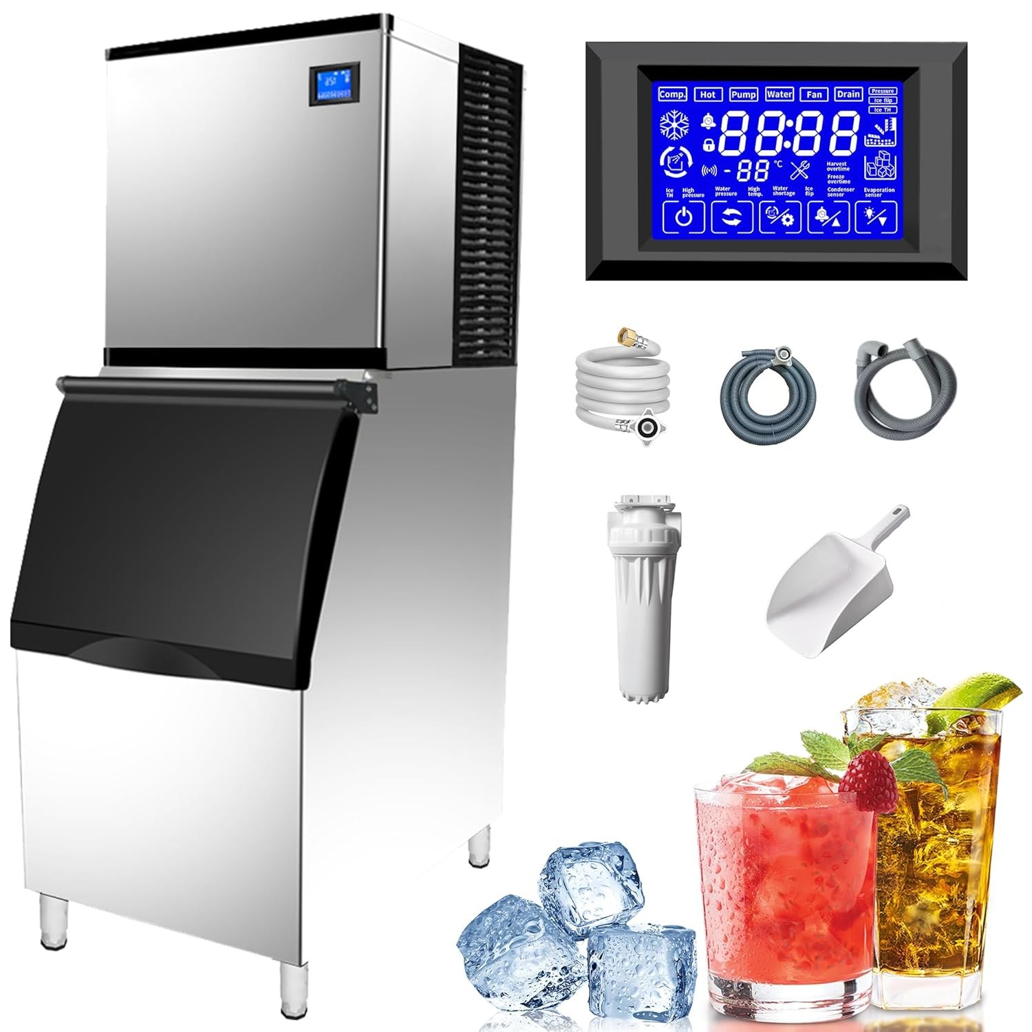 Commercial Ice Maker Machine 350lbs/24H - 110V - 308lbs Ice Storage Capacity