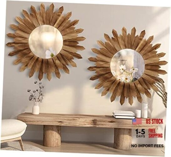 2 Pack 22 Inch Boho Wall Sunburst Mirror Rustic Round Wood Decorative Mirror