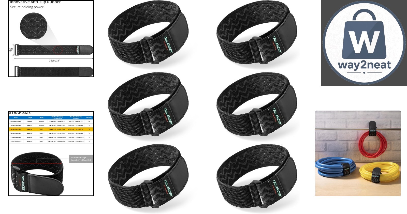 Secure and Sturdy 14" x 2" Elastic Cinch Straps with 2- Support - 6 Pack