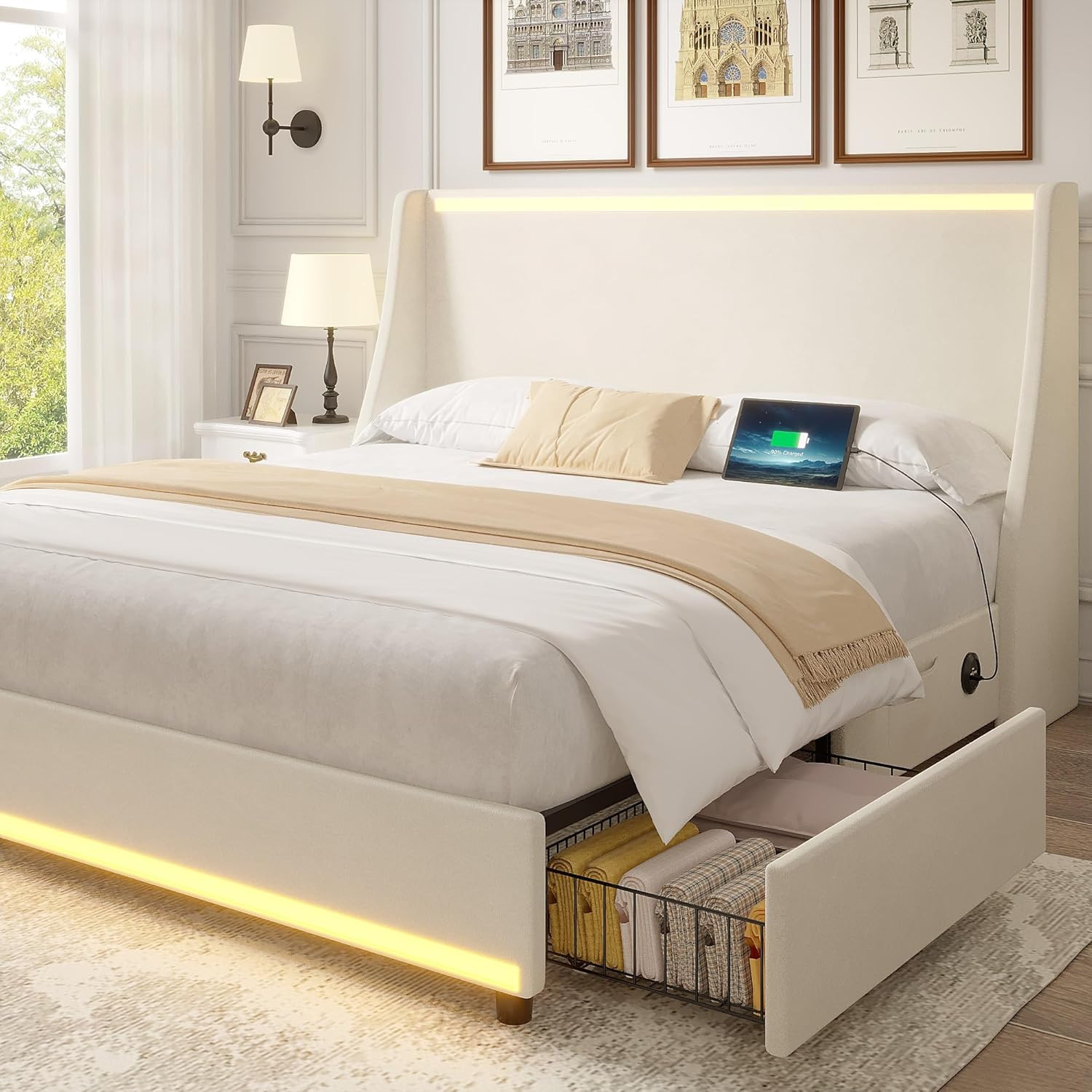 VECELO Full Size Bed Frame with Storage Drawers, Upholstered Platform Bedframe w