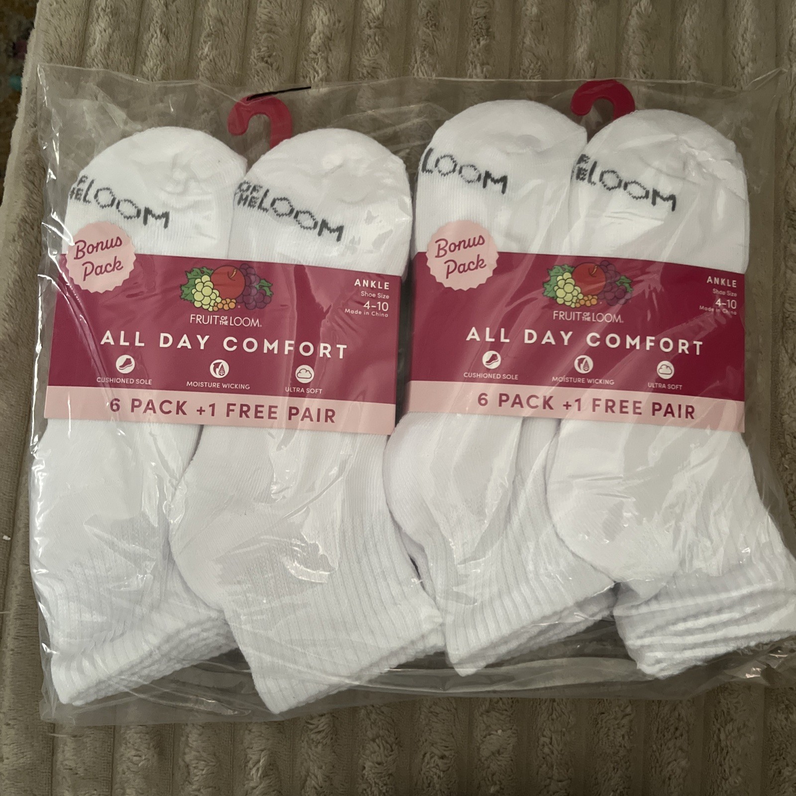 Lot of 2 Fruit of the Loom All Day Comfort Ankle Socks 6-Pairs - Shoe Size 4-10