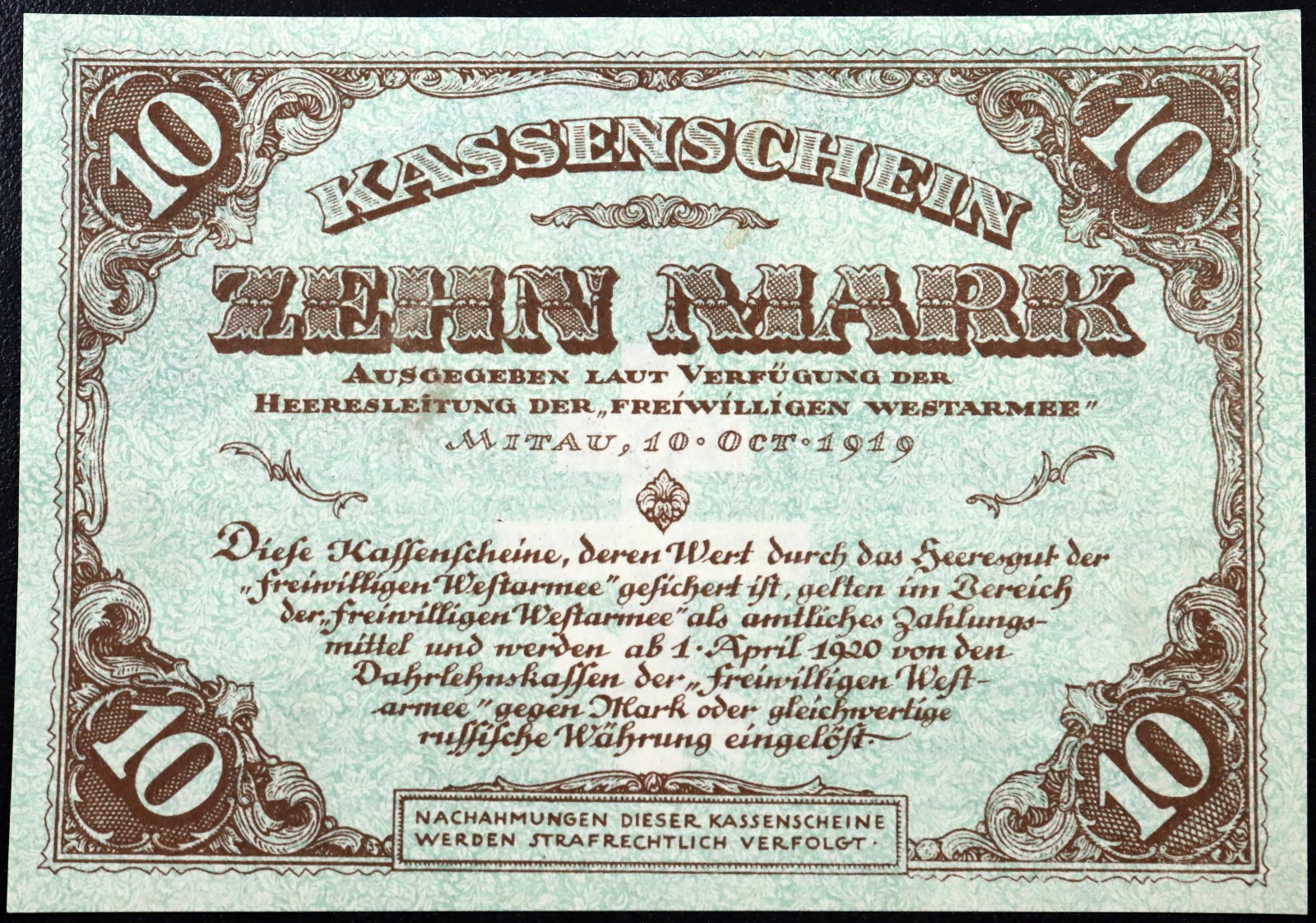 MITAU / JELGAVA 1919 10 Mark Independent West Russian Army RUSSIA P-S228d Latvia