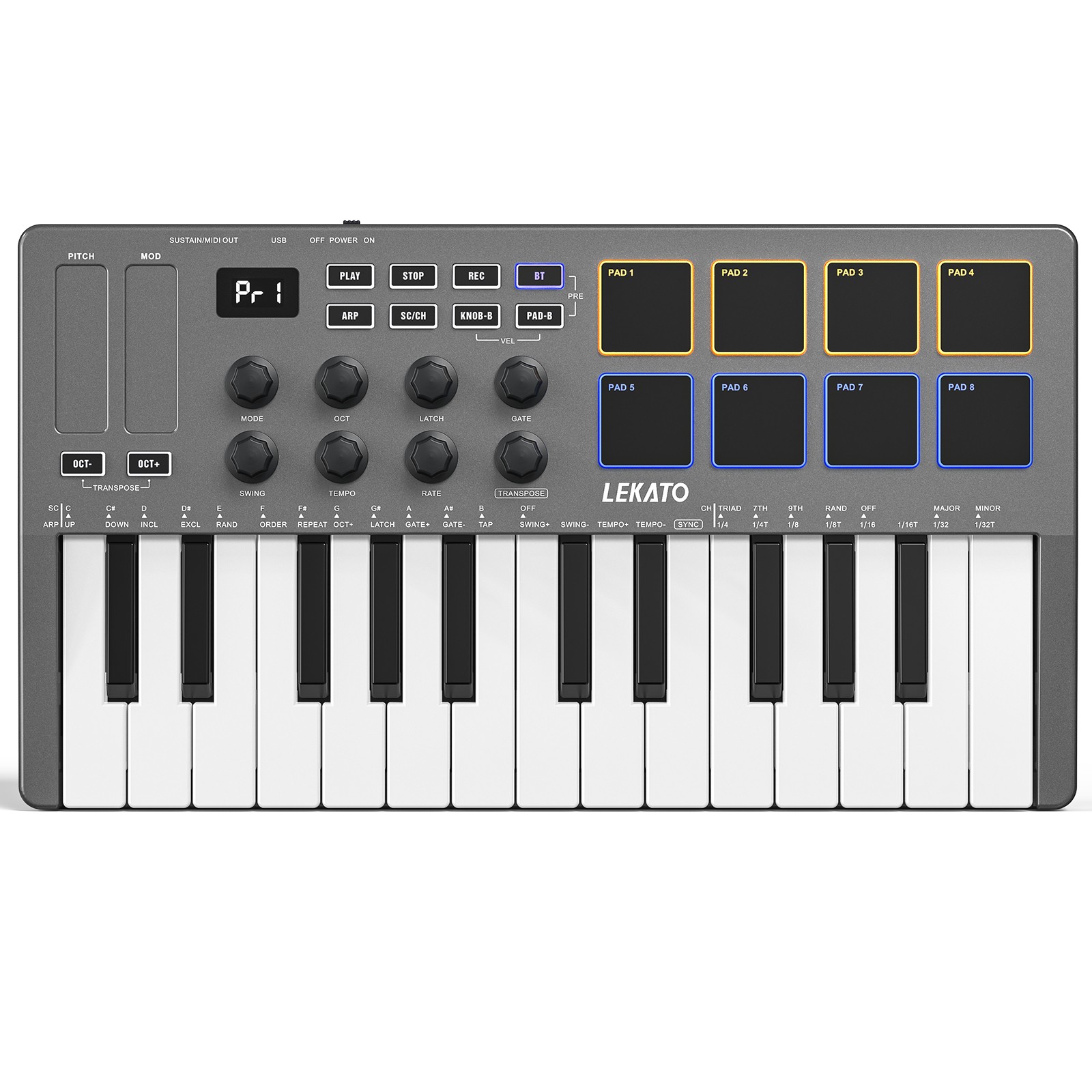 LEKATO 25 Key Bluetooth MIDI Keyboard Controller Wireless Rechargeable Drum Pads