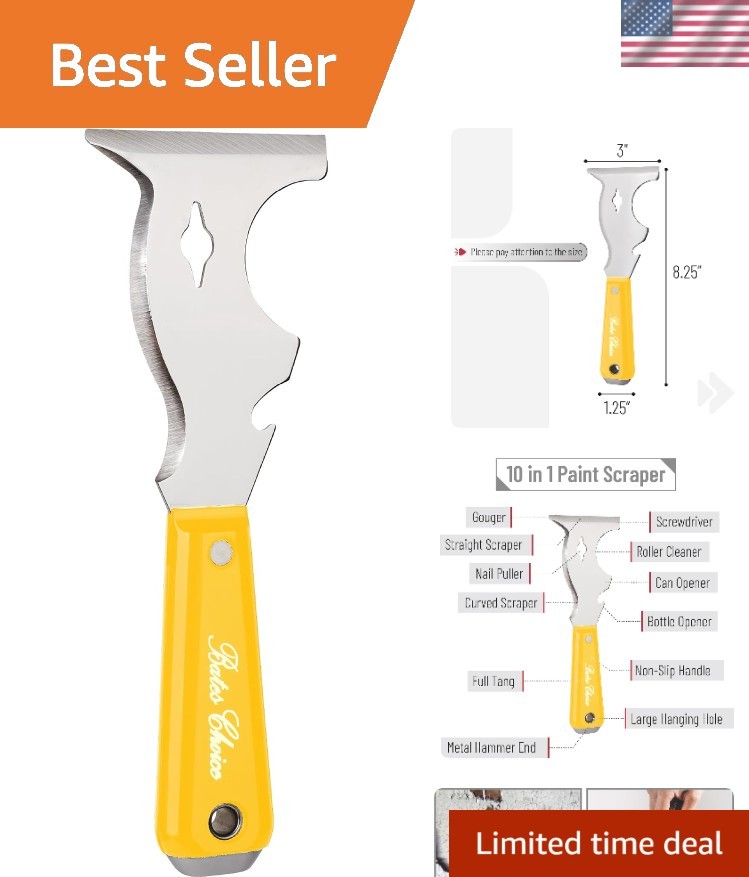 Essential 10-in-1 Paint Scraper by Bates - Yellow Handle for Comfort & Safety
