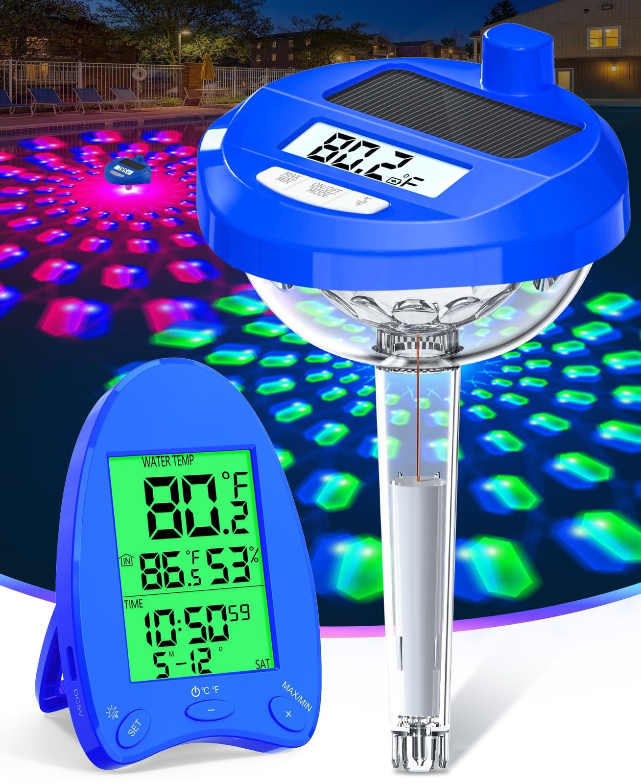 LuxBlue Solar Pool Thermometer Wireless with Light Show -650FT Transmission |...