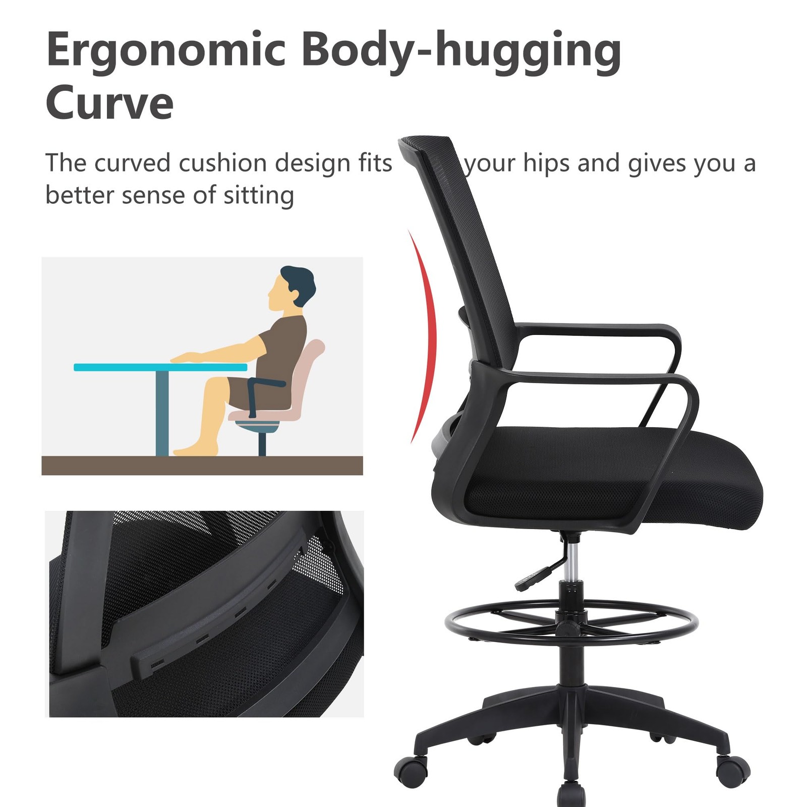 Tall Drafting Chair Adjustable Mesh Office Chair with Footrest