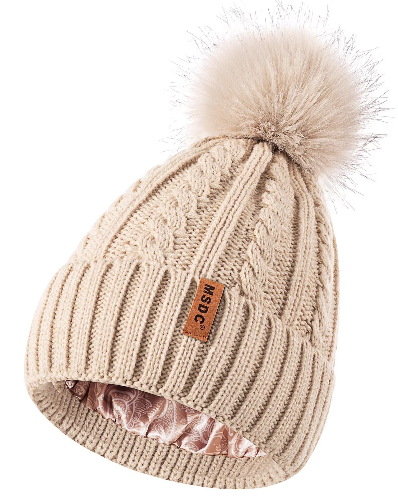 MSDC Satin Lined Beanie for Women with Pom Pom, Warm Womens One Size, Oatmeal