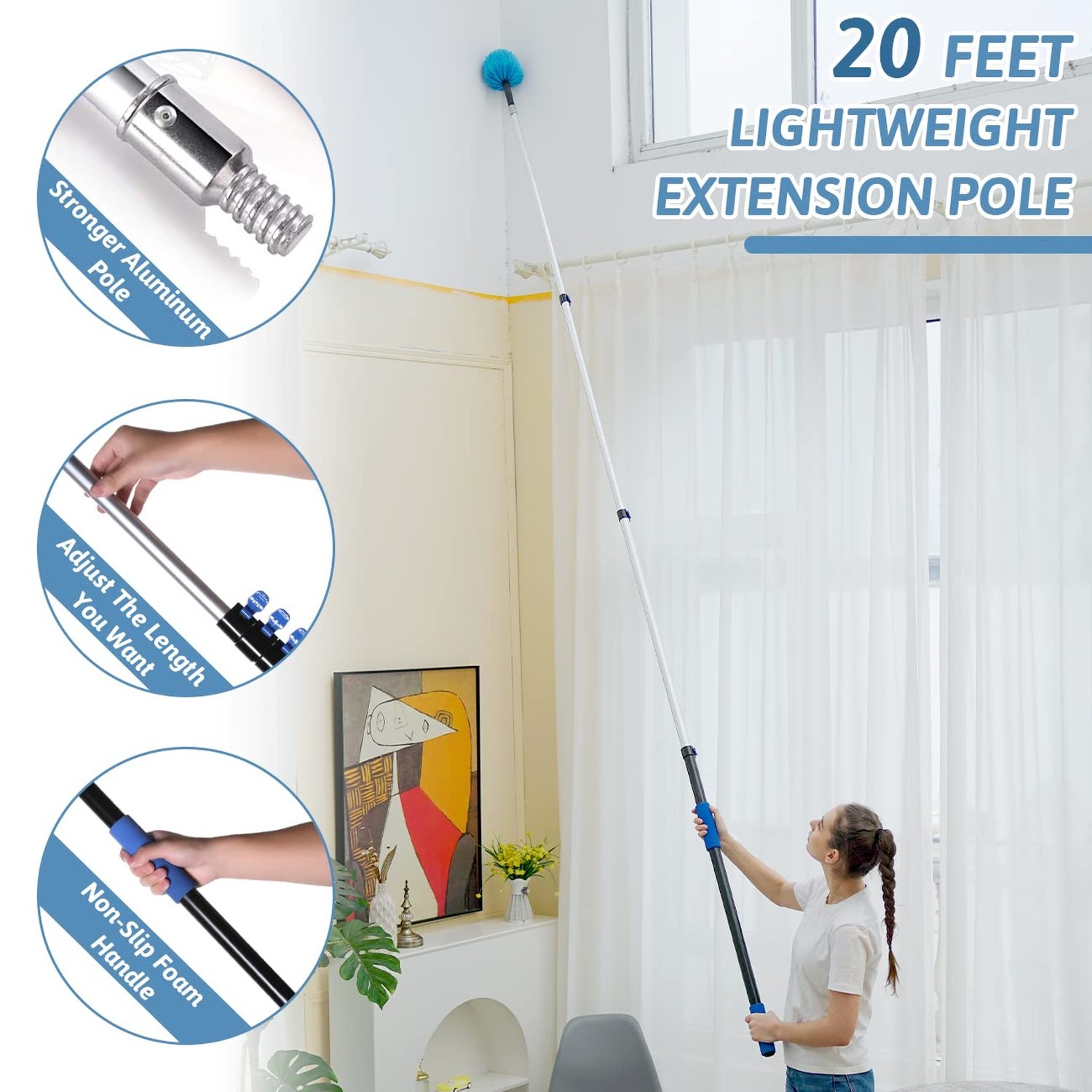 20 Foot Cobweb Duster with Extension Pole 2 PCS, Webster Cobweb Duster for Hi...