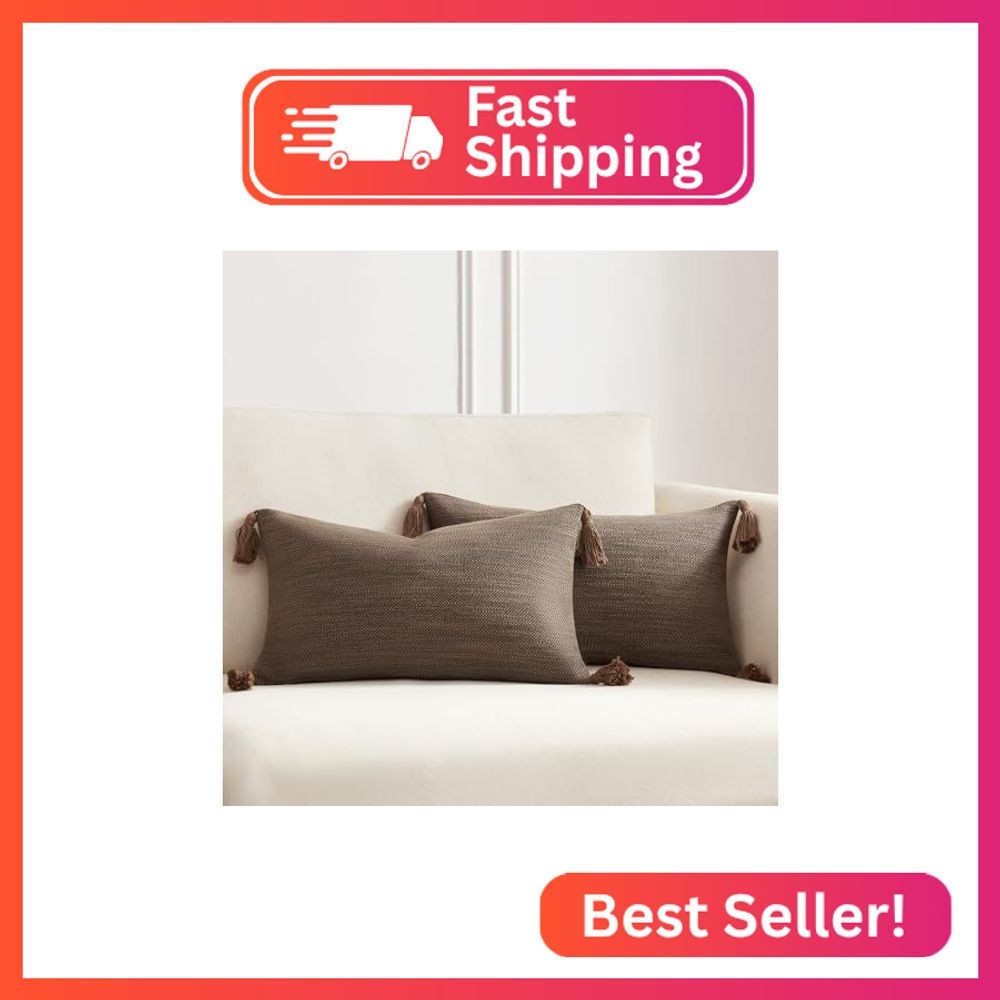 Meekio Set of 2 Coffee Brown Pillow Covers 12x20 with Tassels, Linen Look Decora