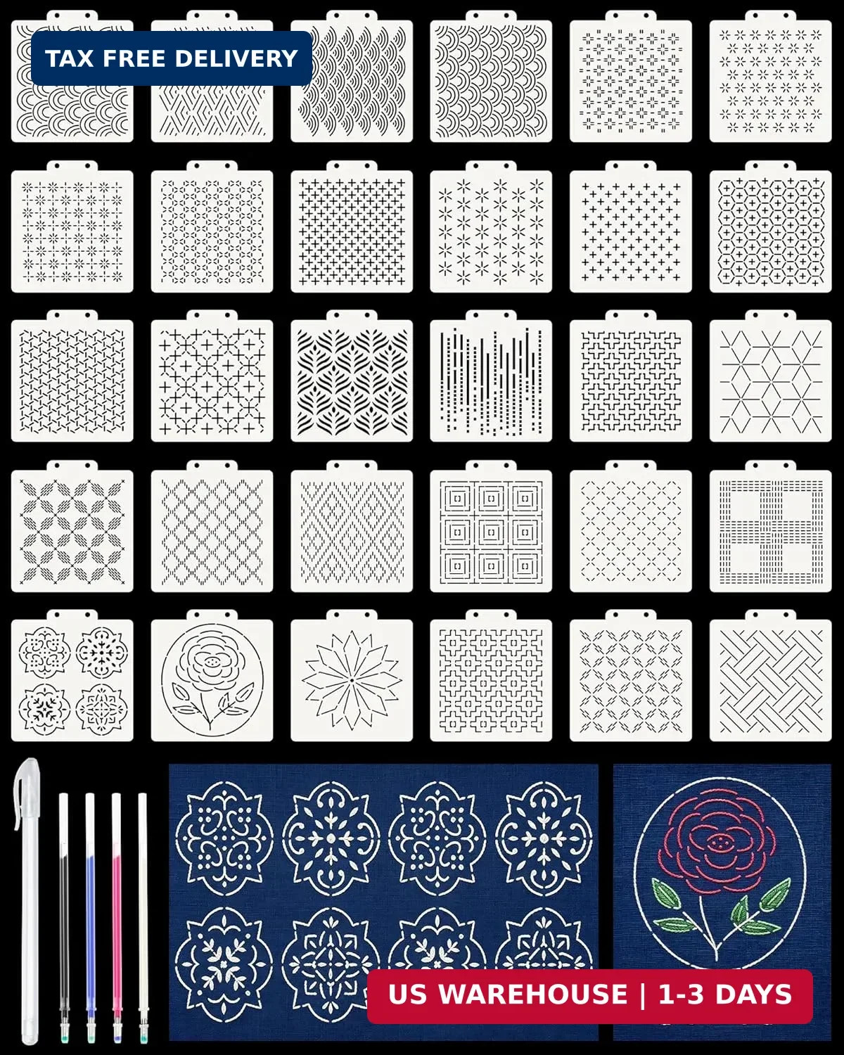 30PCS Sashiko Stencils Kit-4.7inx5.1in Sashiko Templates with 4 Heat E