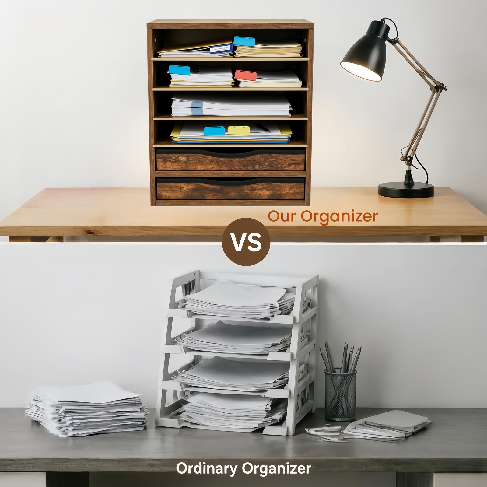 Wooden Desk Organizer with Drawers, 6 Tier Adjustable Paper & File Storage Or...
