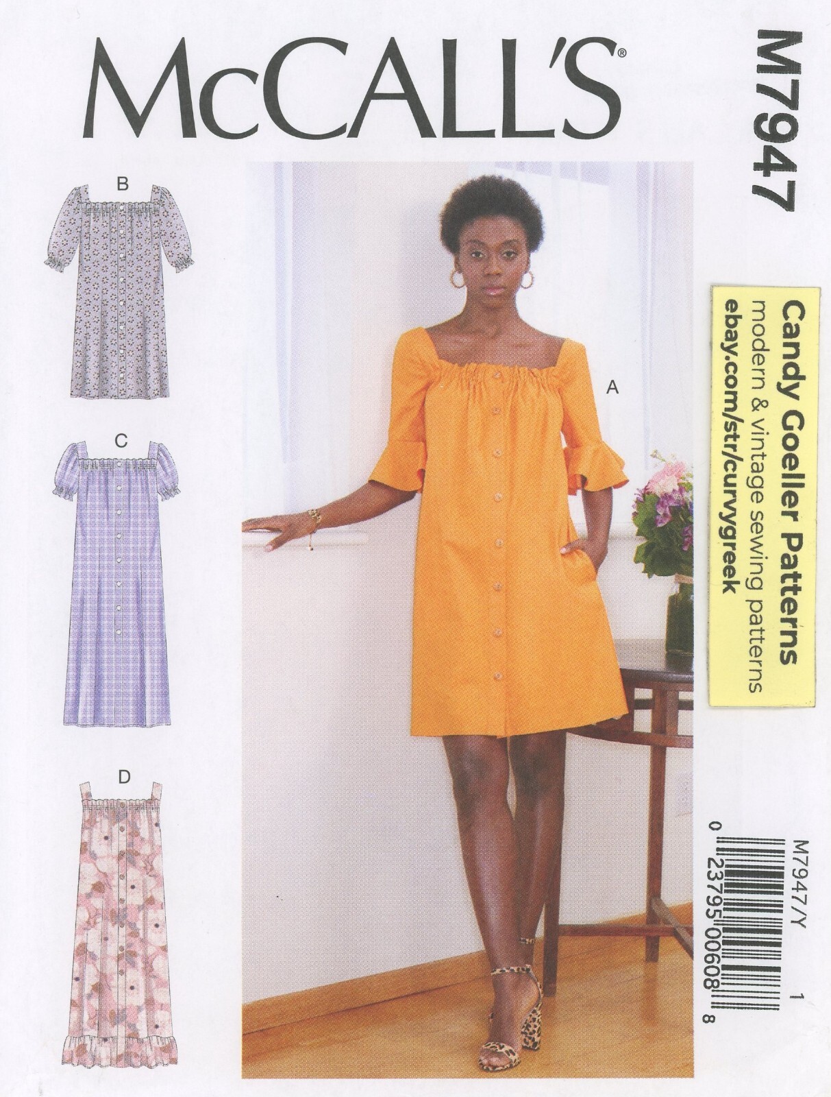 McCall's M7947 Square-Neck Dress w Button Band & Side Seam Pockets Sz 16-22 UC