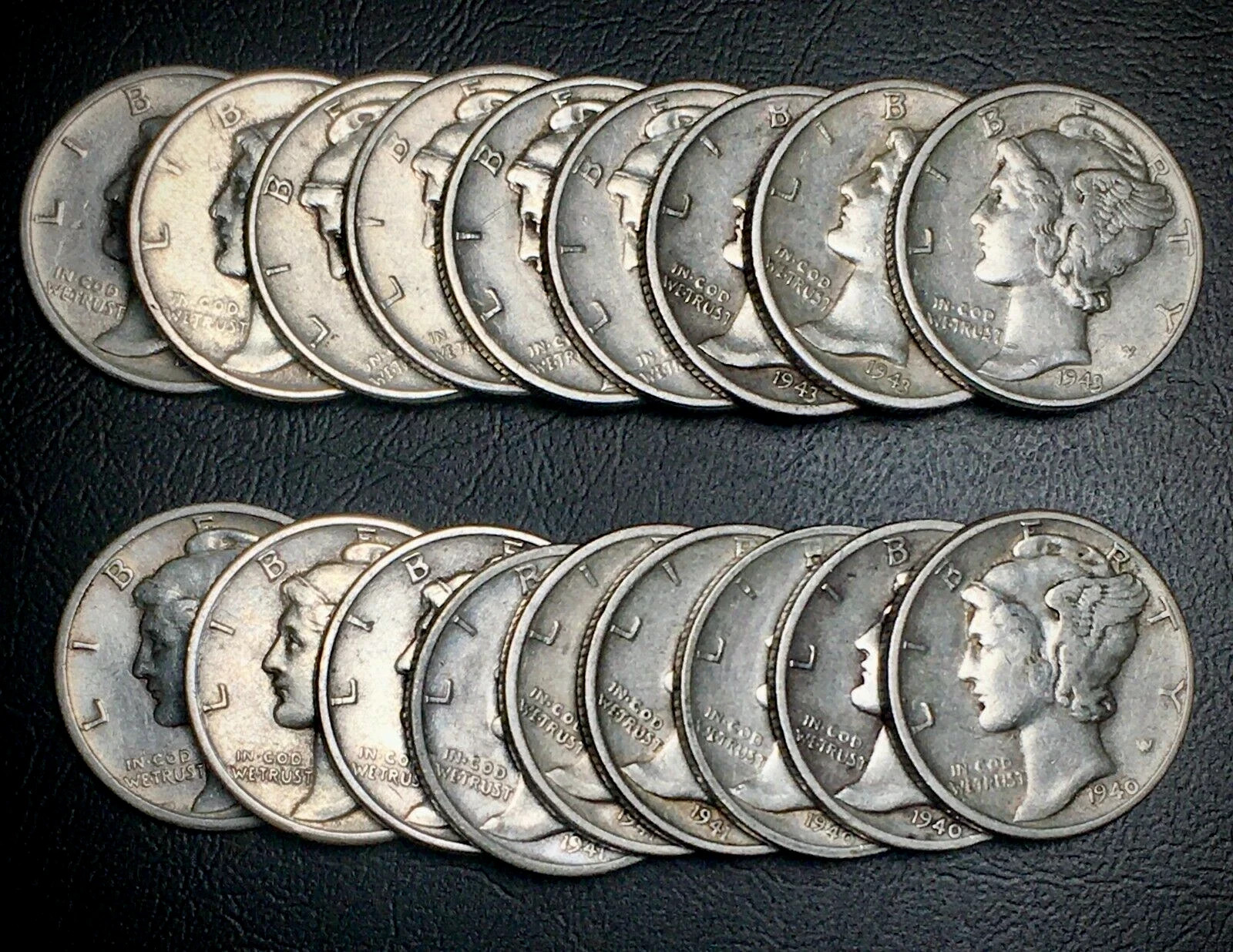 18 Mercury Silver Dimes Set 1940 - 1945 PDS  Extra Fine XF - AU  Uncirculated