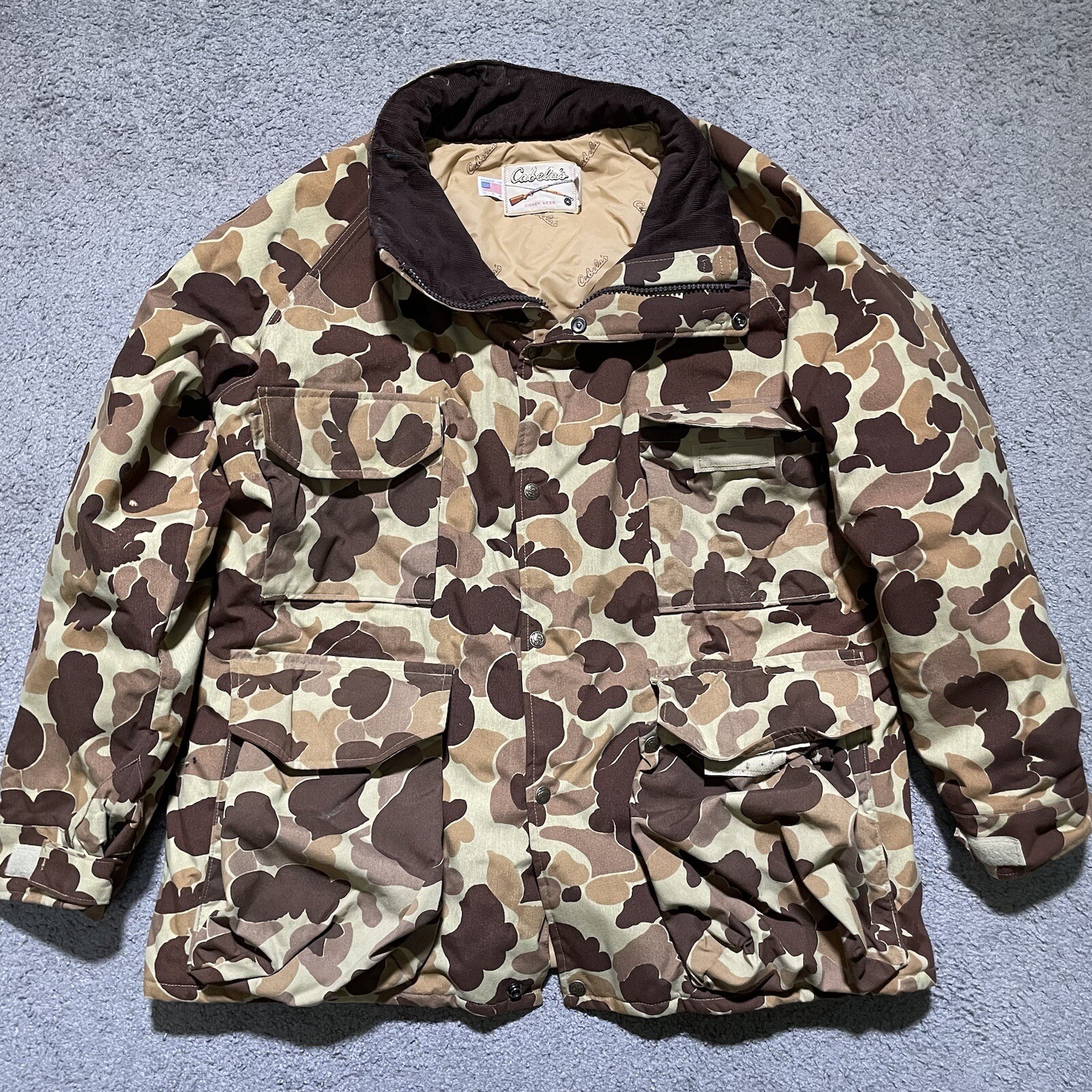 Vintage Cabelas Jacket Set Men XL Brown Duck Camo Gore Tex Puffer Coat Pants USA
