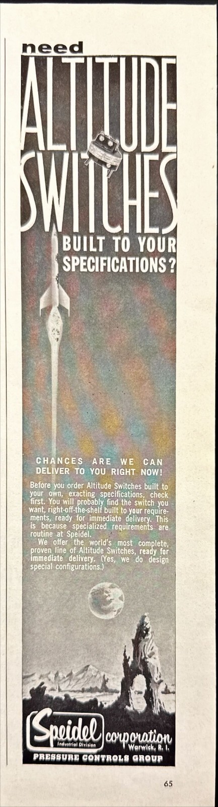 Speidel Corp Pressure Control Group Altitude Switches Warwick RI Print Ad 1963