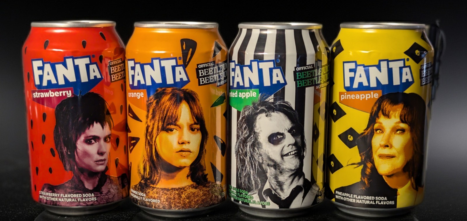 Fanta Beetlejuice Movie Soda FULL 4Can Set Haunted Apple Lydia Astrid Delia 2024