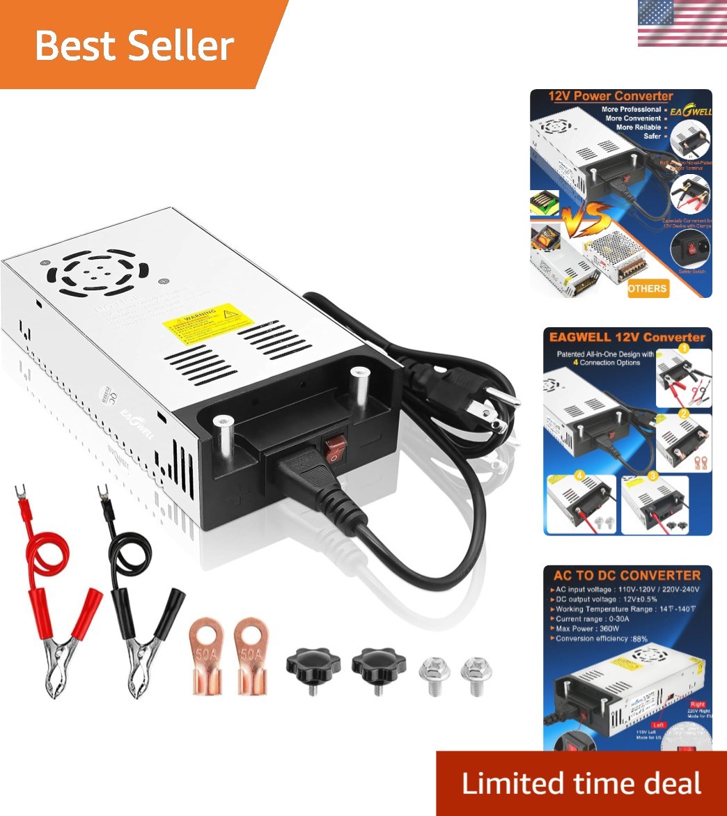 Universal 110V to 12V AC/DC Power Converter, 30A, 360W with Smart Cooling