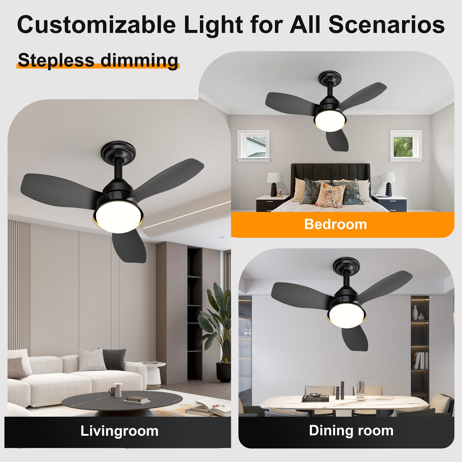24.4" Black Ceiling Fan with Light, 3 Blades, 6-Speed, Dimmable LED