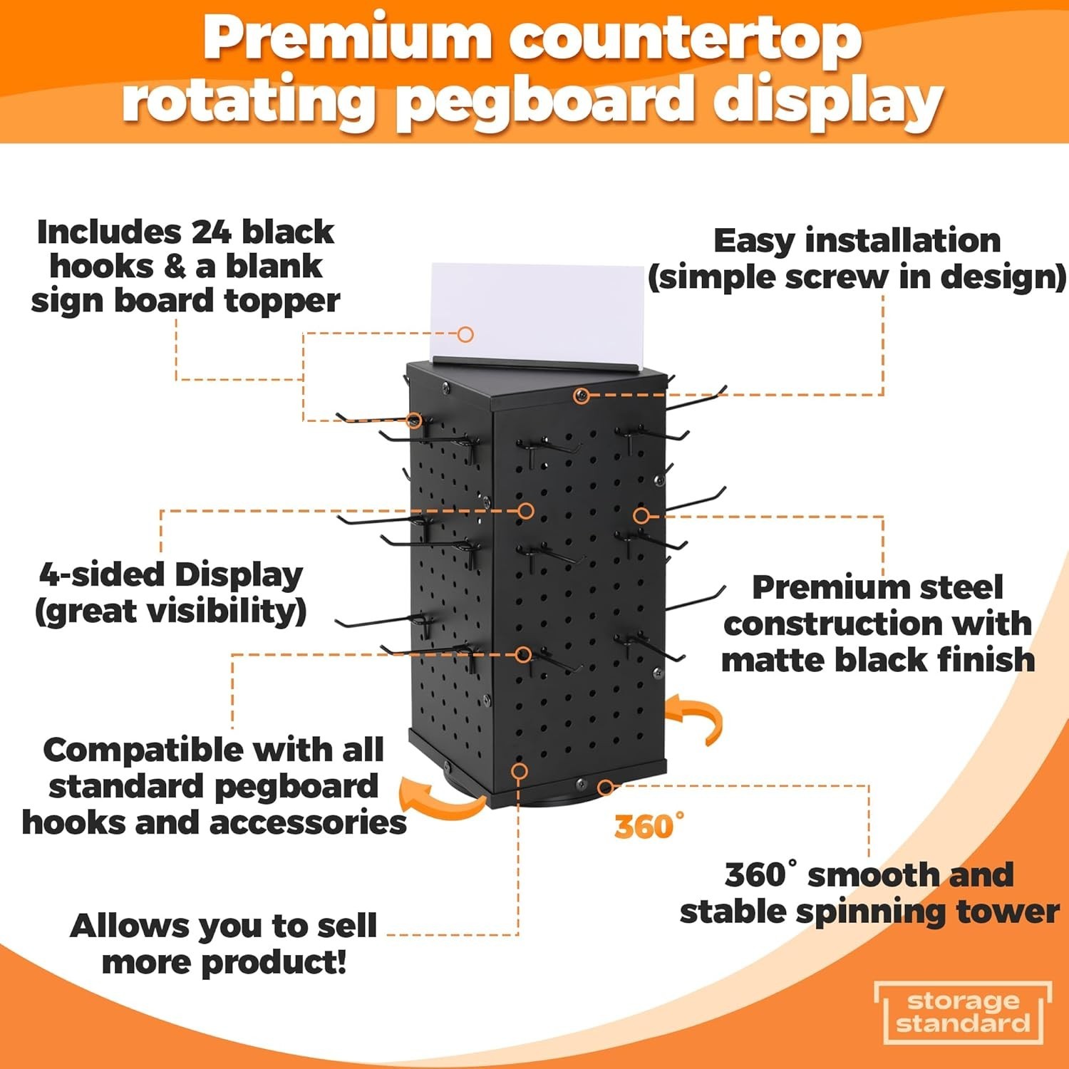 Rotating Pegboard Display Stand With 24 Hooks, 4-Sided for Products, Accessories