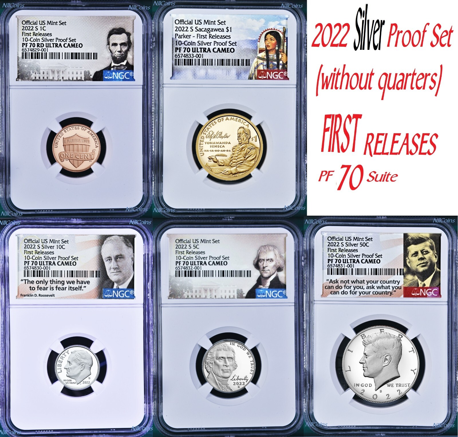 2022 US Mint 5 Coin Silver Proof SET Dime Cent Nickel $1 50c NGC PF70 FR