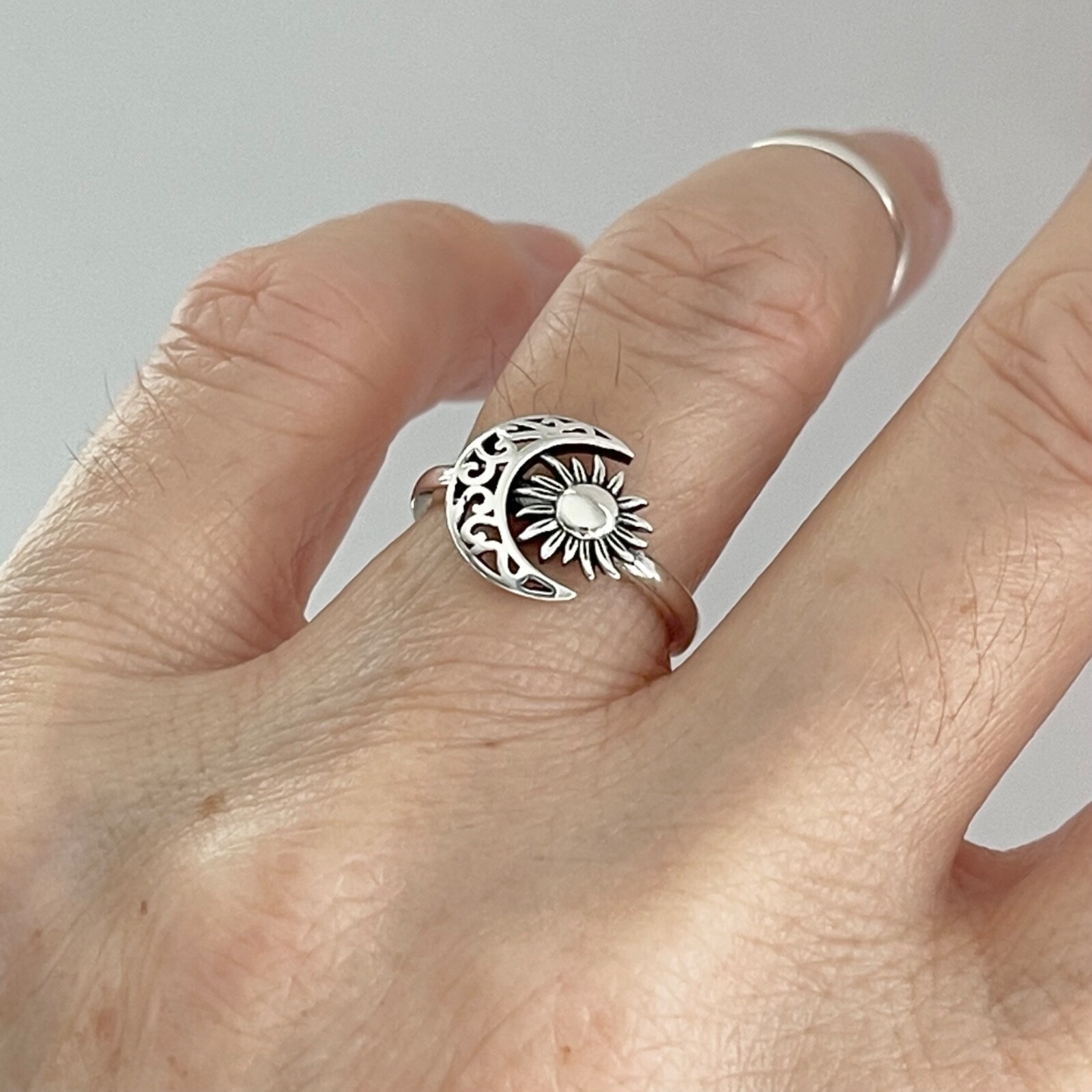 Sterling Silver Filigree Moon Face and Sun Ring, Celestial Silver Rings