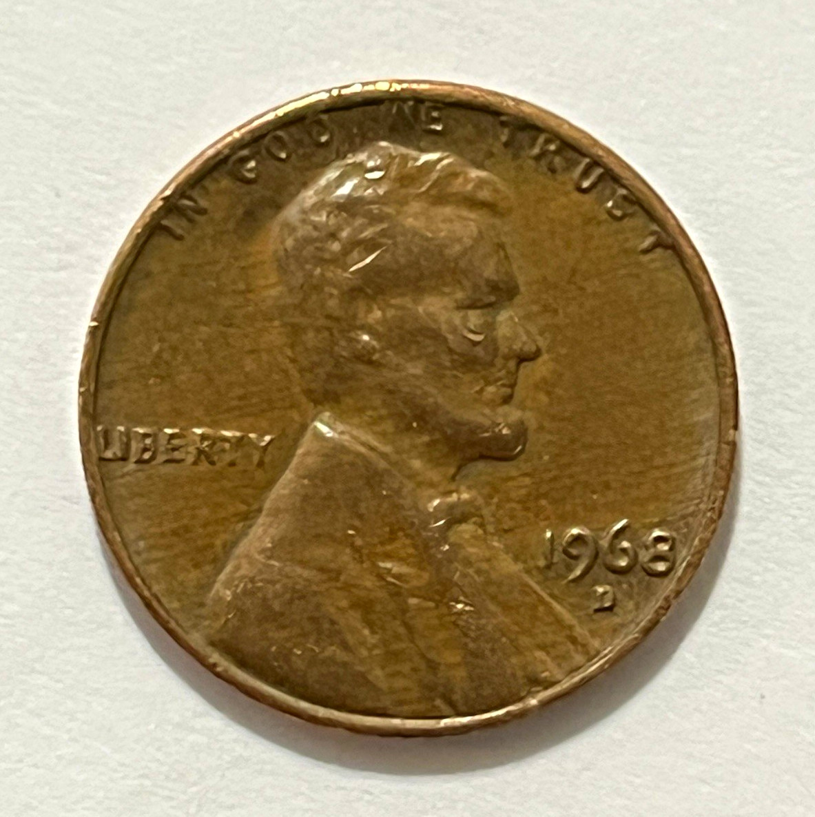 1968-D FILLED IN MINT MARK “L” in Liberty is on the rim Lincoln memorial Penny