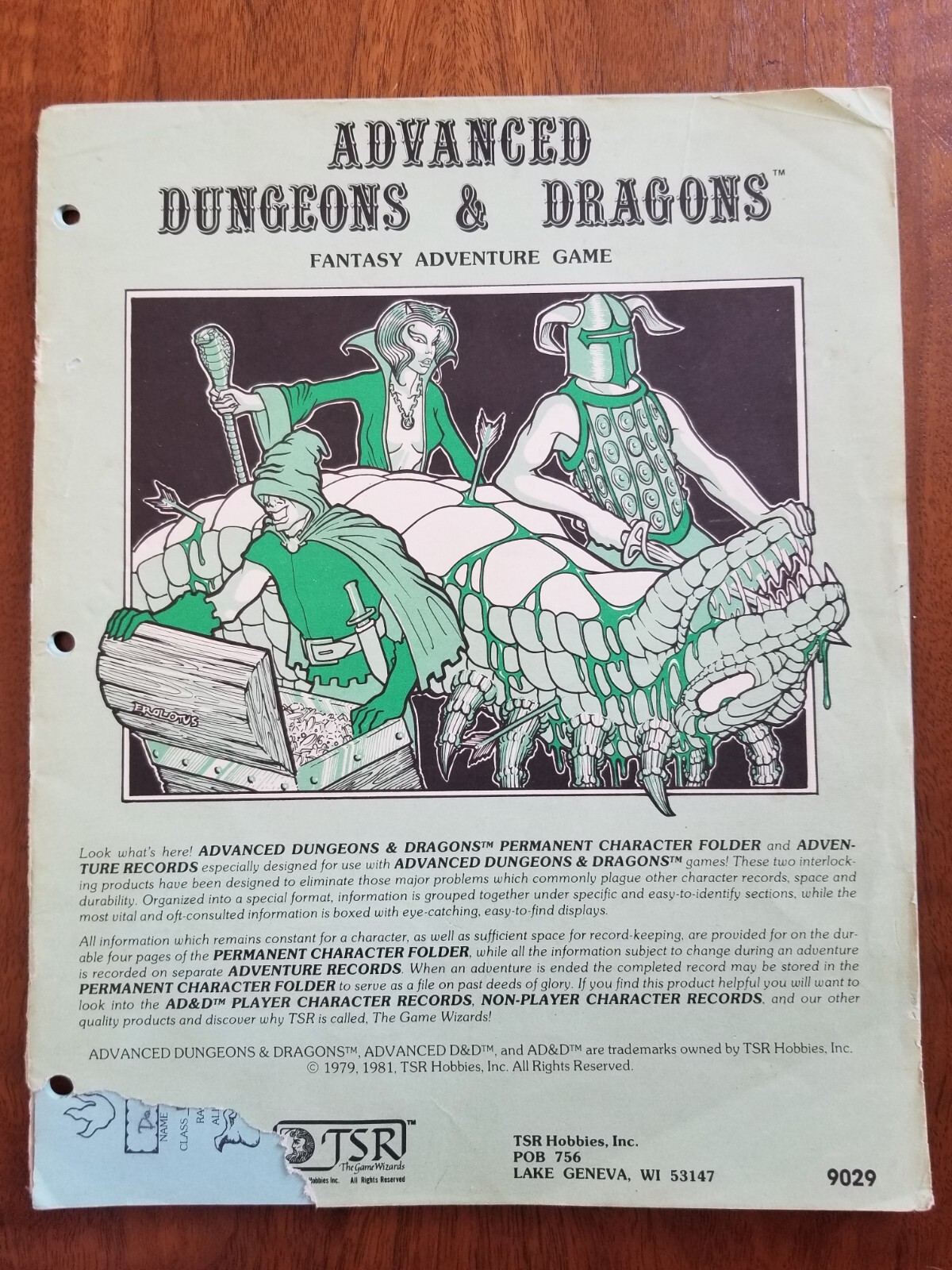 AD&D 1st Edition Permanent Character Folder - Sheet And Adventure Records TSR