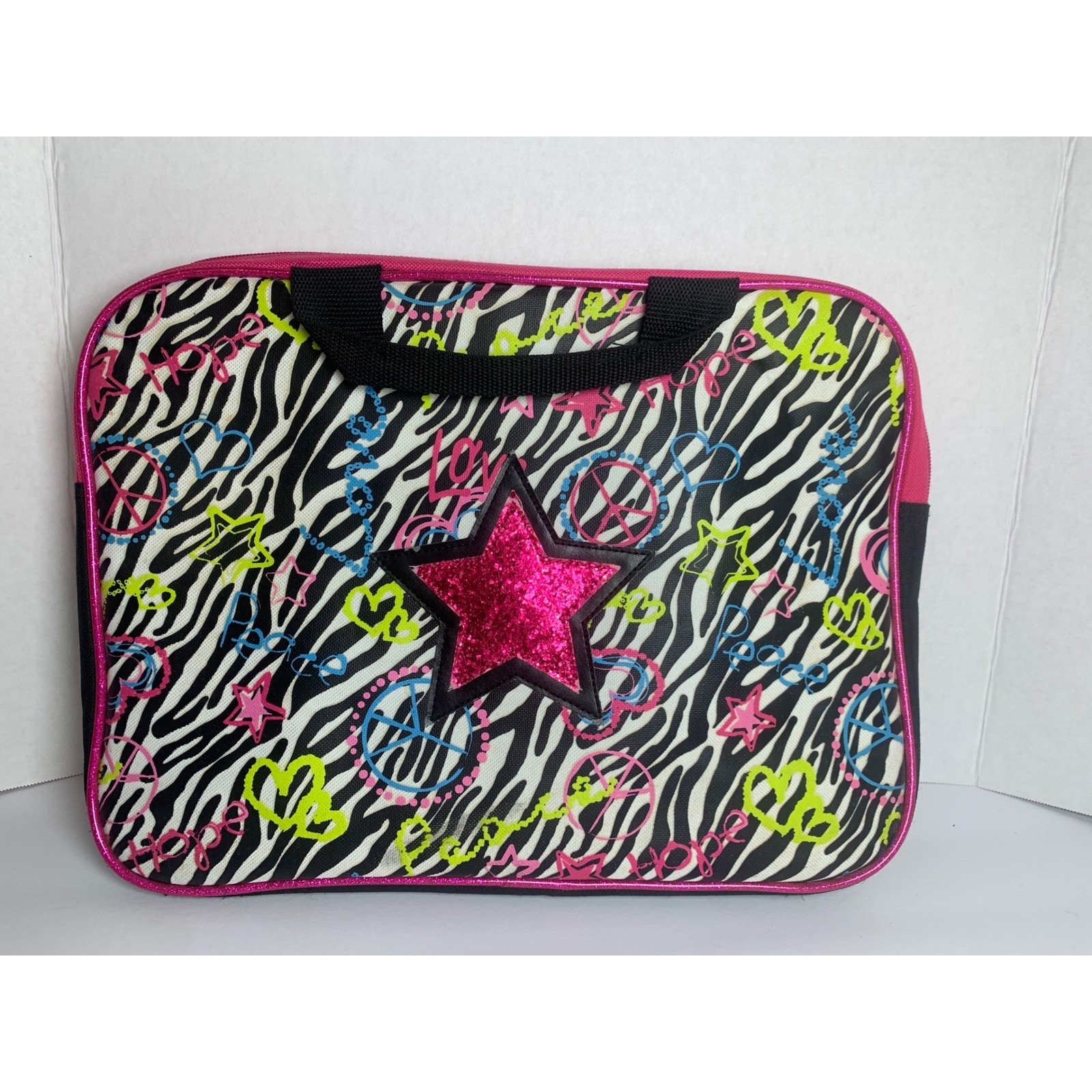 Y2K Zebra Print Laptop Case Pink Glitter Star Peace Tech Sleeve Kidcore 2000s