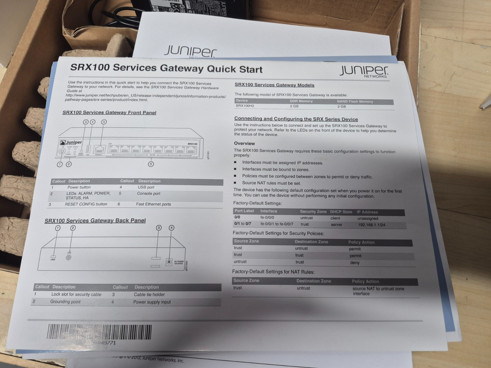 Juniper Networks SRX-100 Services Gateway Firewall SRX100H2 8-Port Open Box