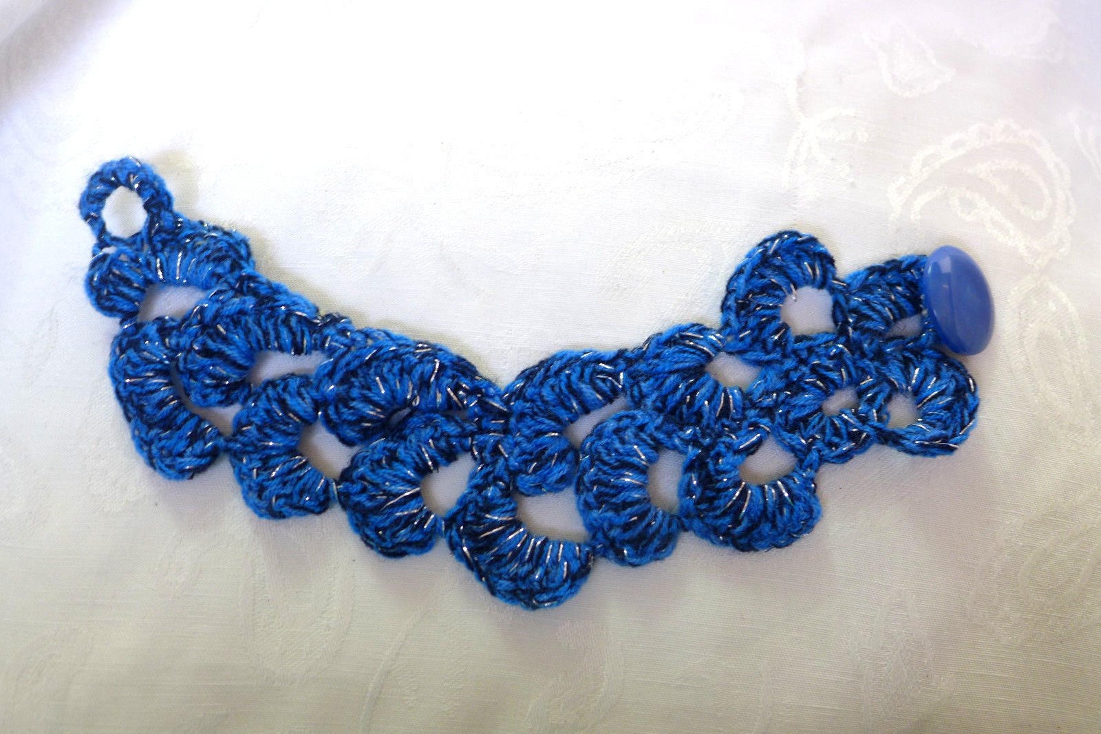 Handmade Bracelet Crocheted Blue Lurex Soft Wool With Button From Artist Gift