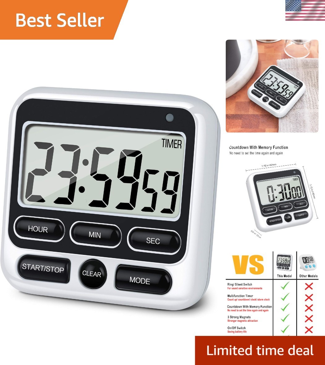 Ktkudy Digital Kitchen Timer – Mute/Loud Alarm, 12-Hour Clock & Memory Function