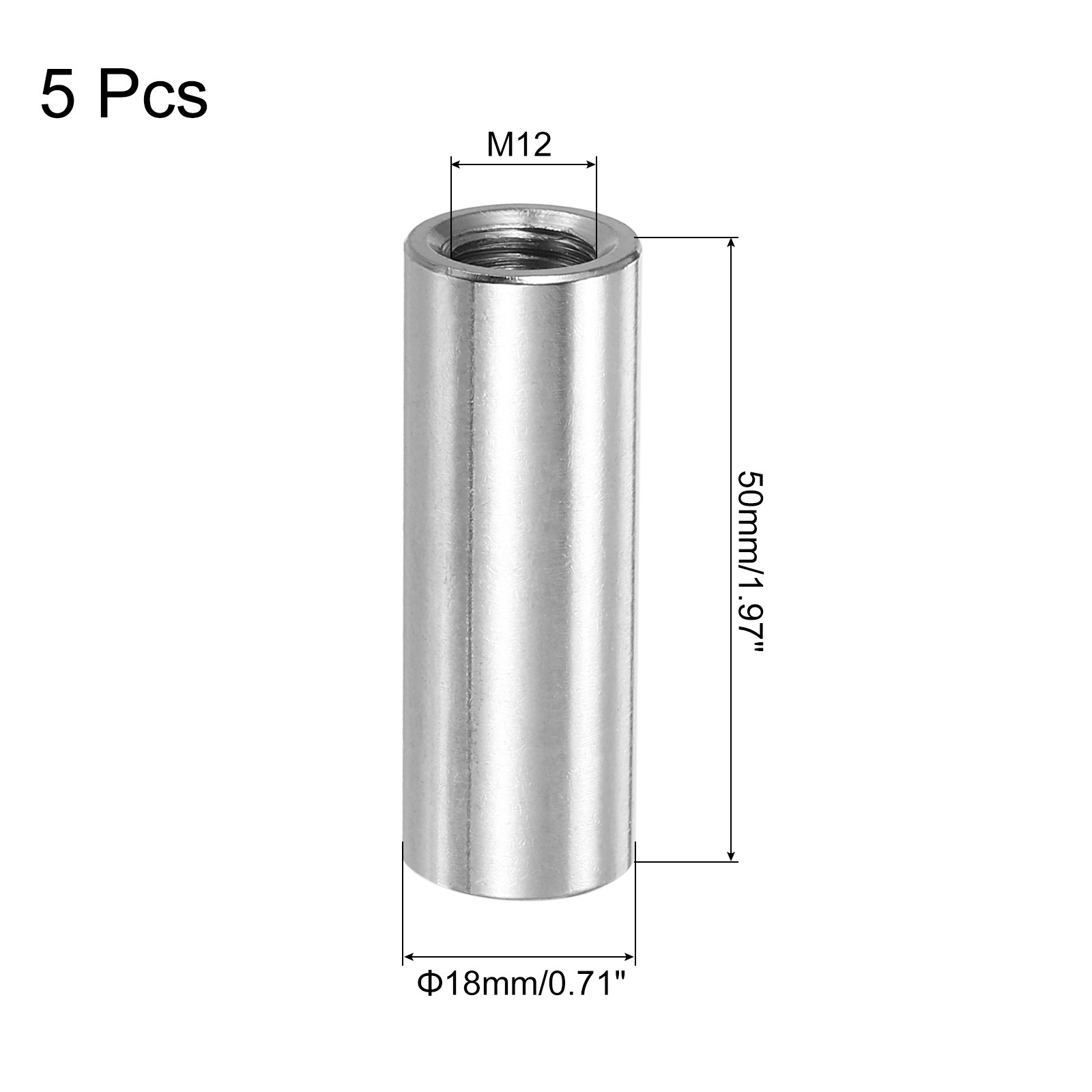 M12x1.75mm Round Coupling Nuts, 5 Pcs 50mm Stainless Steel Connector Nut