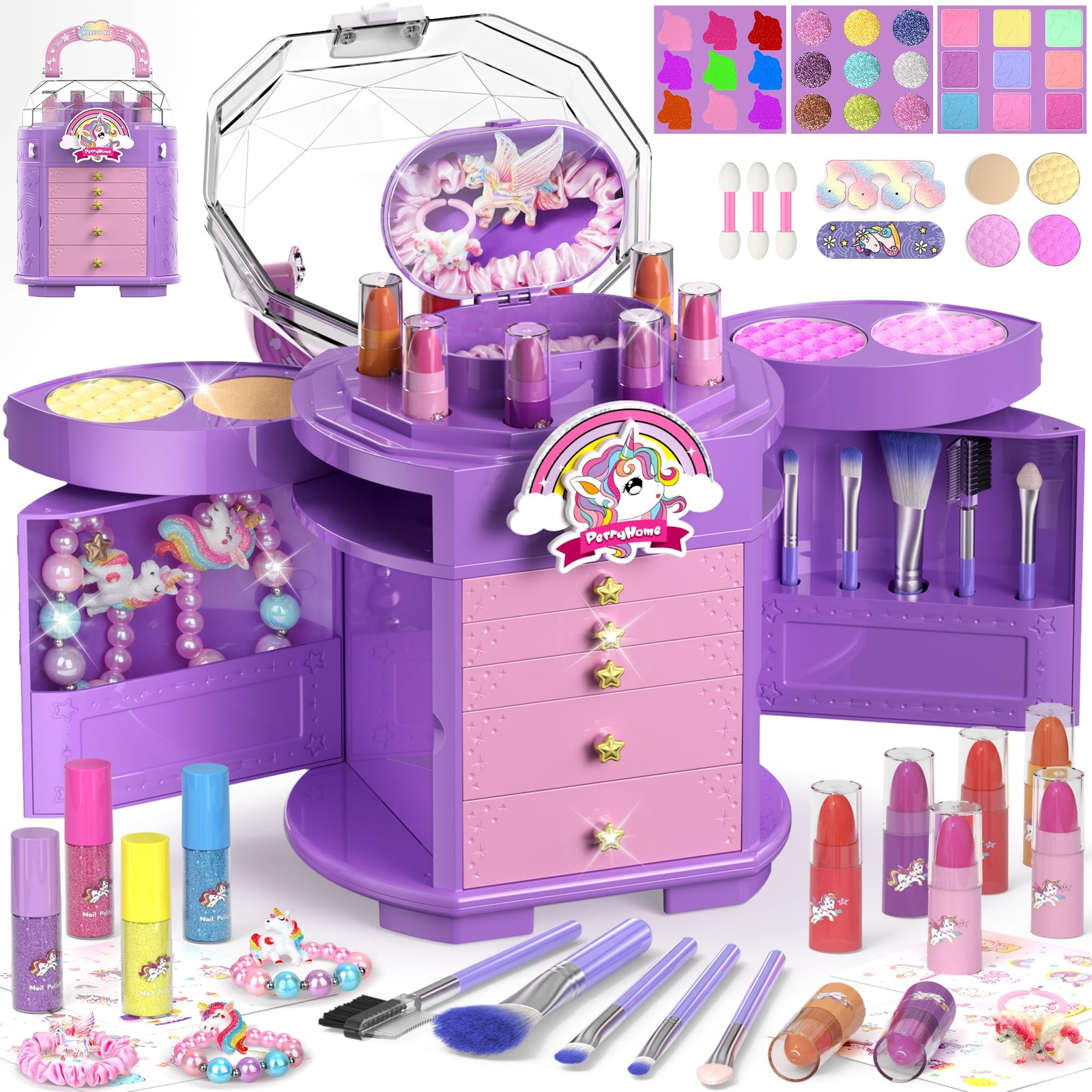 PERRYHOME Kids Makeup Set for Girls 63 Pcs Washable Child-Size, Purple