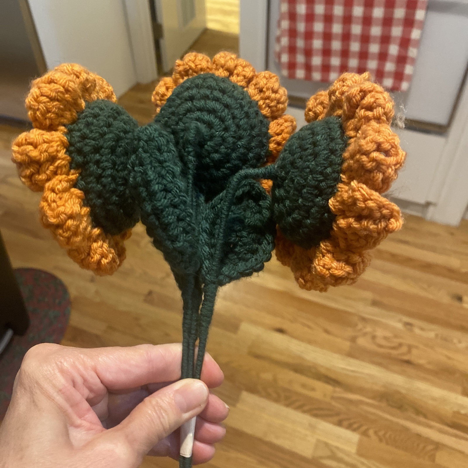 Crochet Flower Bouquet Handmade Knitted Set of 3 Orange Brown Green